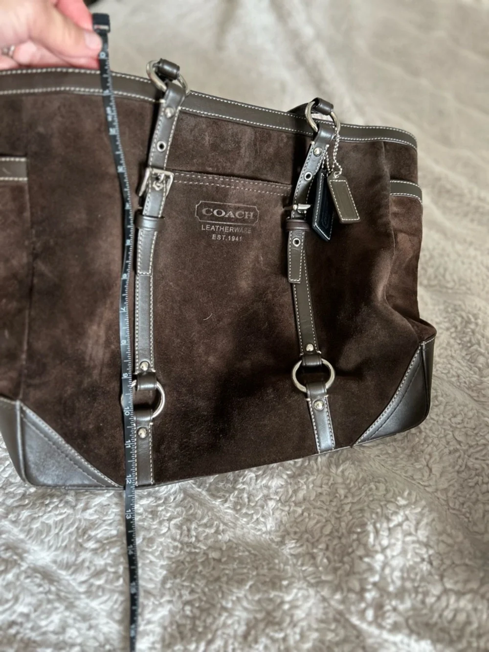 Coach Chocolate Brown Suede Tote with Leather Trim - Picture 9 of 14